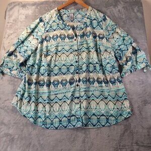 Catherines Plus Size Womens Button Front Tie Sleeve 2X Blue Geometric Boho Chic